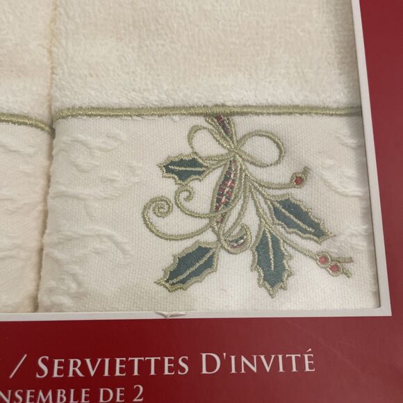 Lenox Set of 2 Ivory Ribbon & Holly Finger Tip Hand Towels NOS Christmas Holiday - Picture 3 of 5